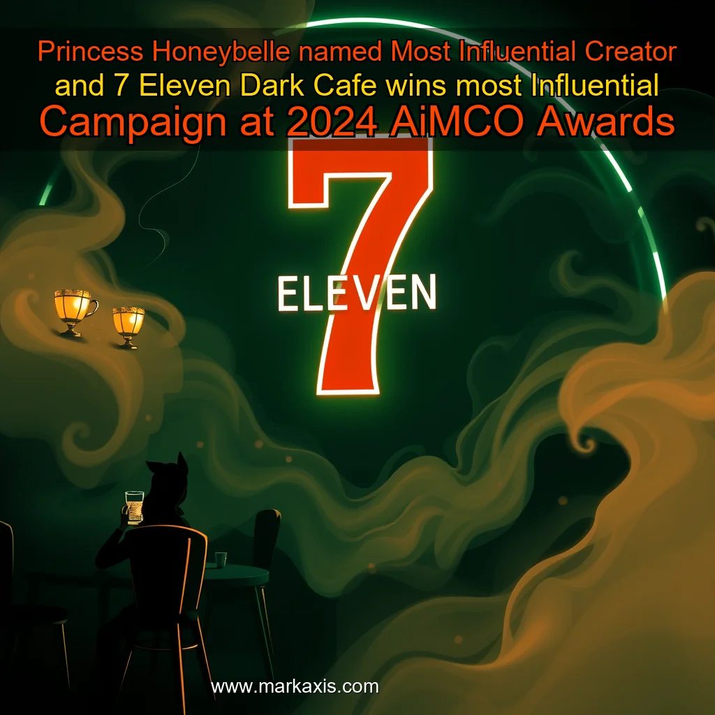 Artistic representation for Princess Honeybelle named Most Influential Creator and 7 Eleven Dark Cafe wins most Influential Campaign at 2024 AiMCO Awards